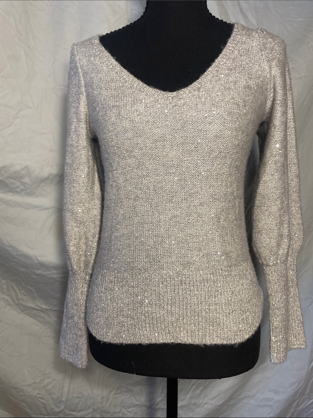 White House Black Market Silver V-Neck Shimmer Sweater